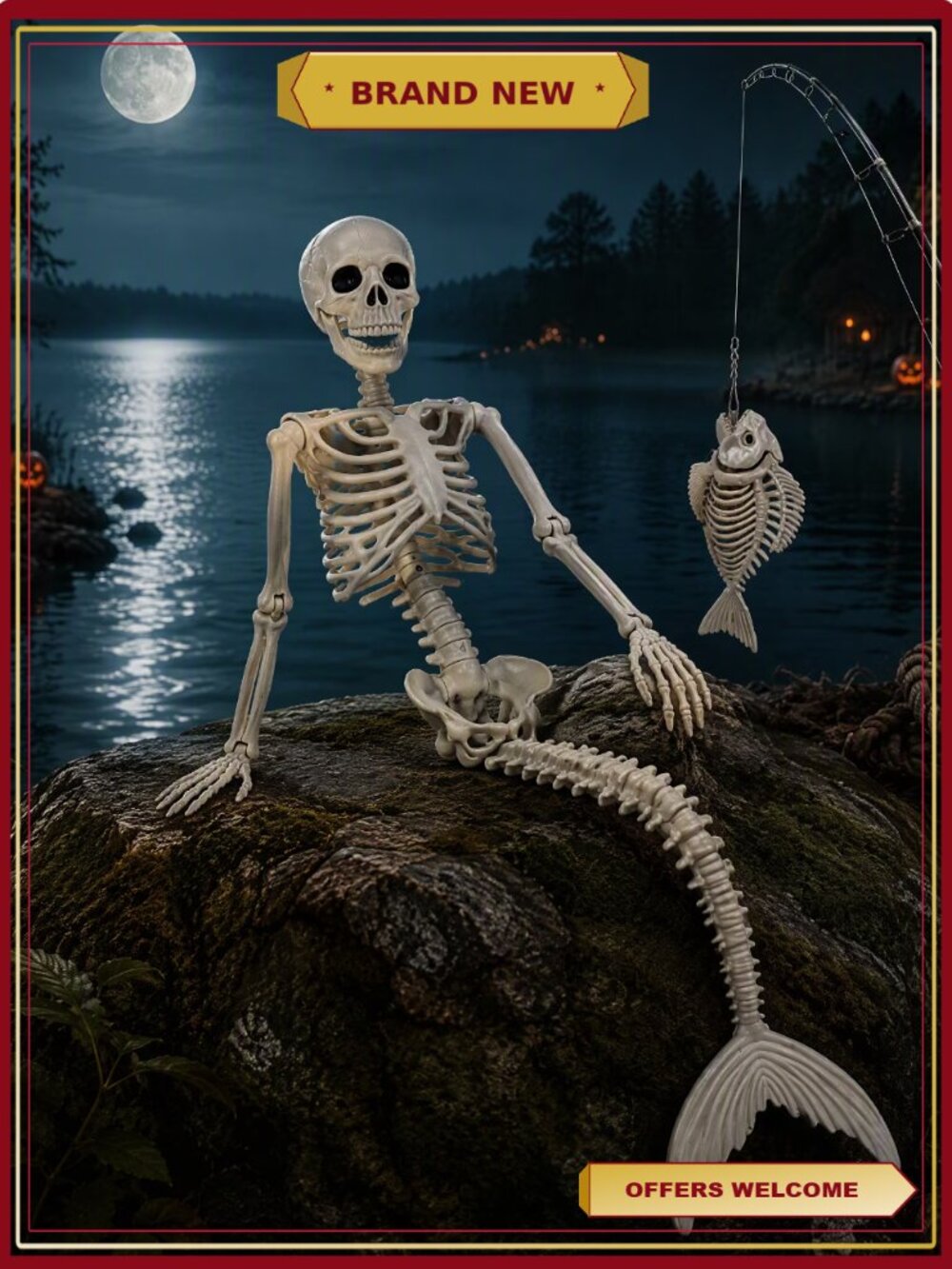 36" Poseable Mermaid Skeleton Halloween Decoration with Fish Skeleton